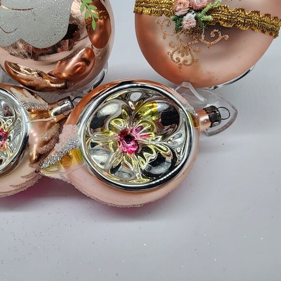 Vintage Rose Gold Glass Christmas Ornaments Set Of 5 With Floral & Dove Design - Picture 5 of 7